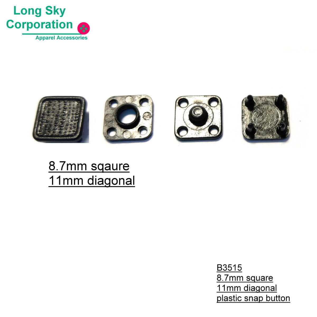 (#B3515) 8.7mm square plastic snap button