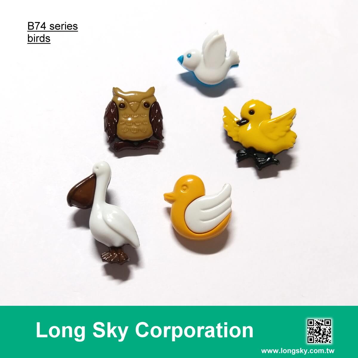 (B74-4-2) Decorative kids wear button in bird, duck, dove, owl, pelican, bird shapes