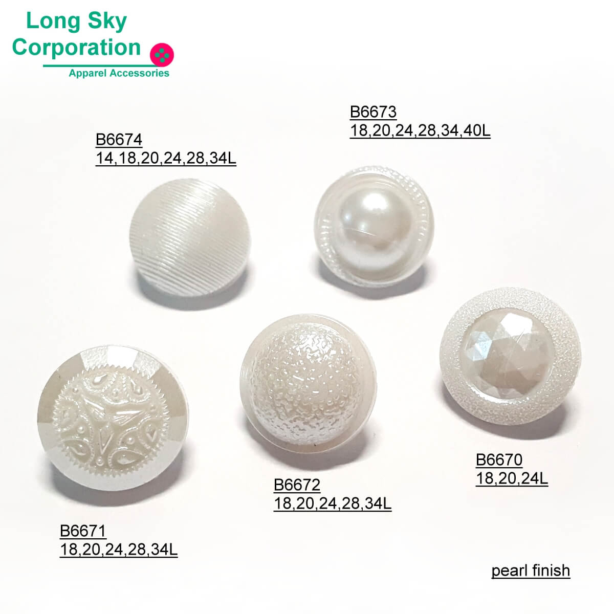 (B6670~B6674) white pearl finish plastic made garment buttons